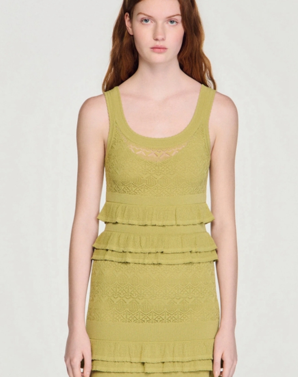 🟢Sandro Olive Green Tiered Ruffle Knit Midi Dress Sleeveless Lace - Picture 6 of 12